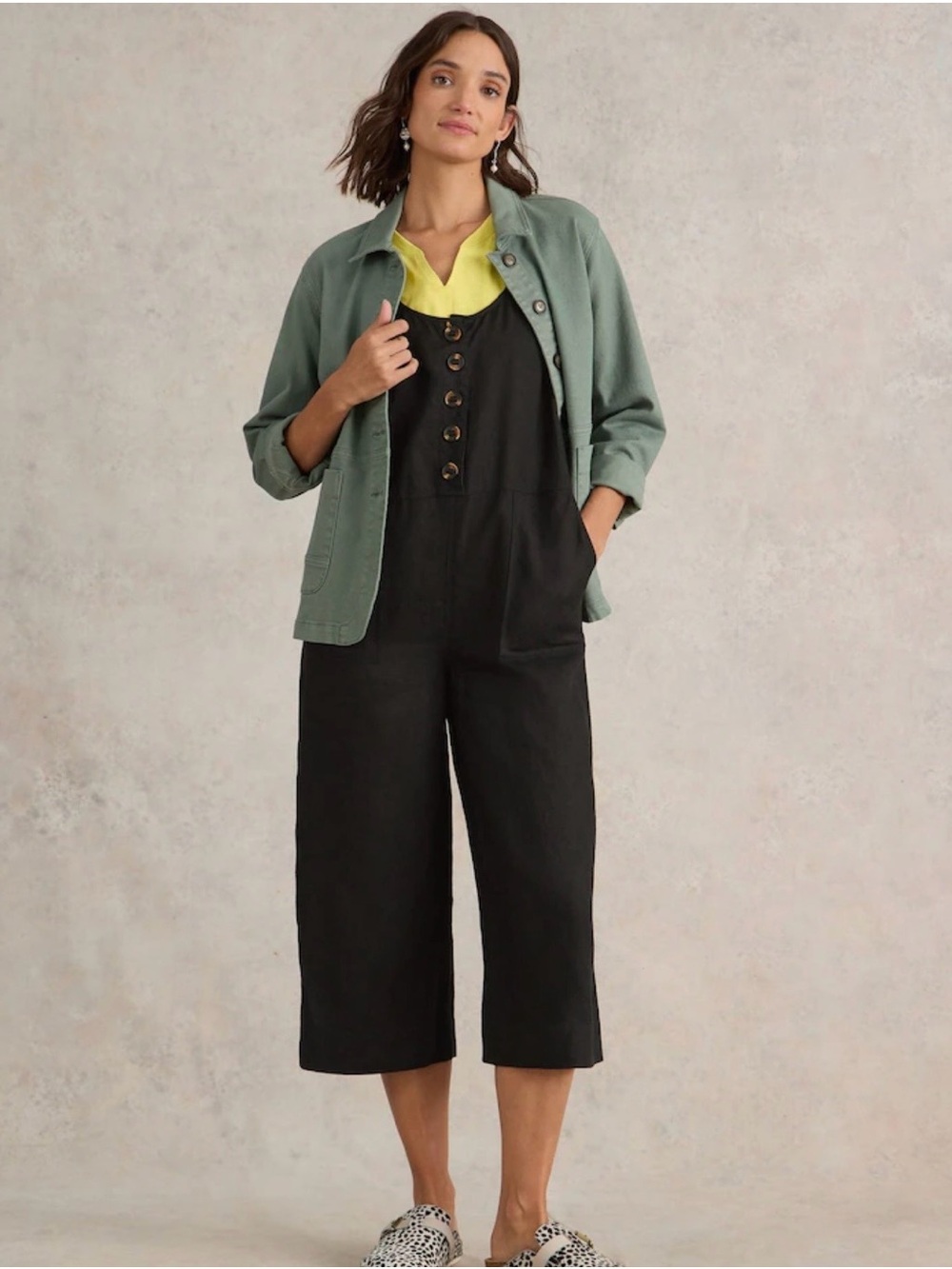 White Stuff Black Button-Front Cropped Utility Jumpsuit